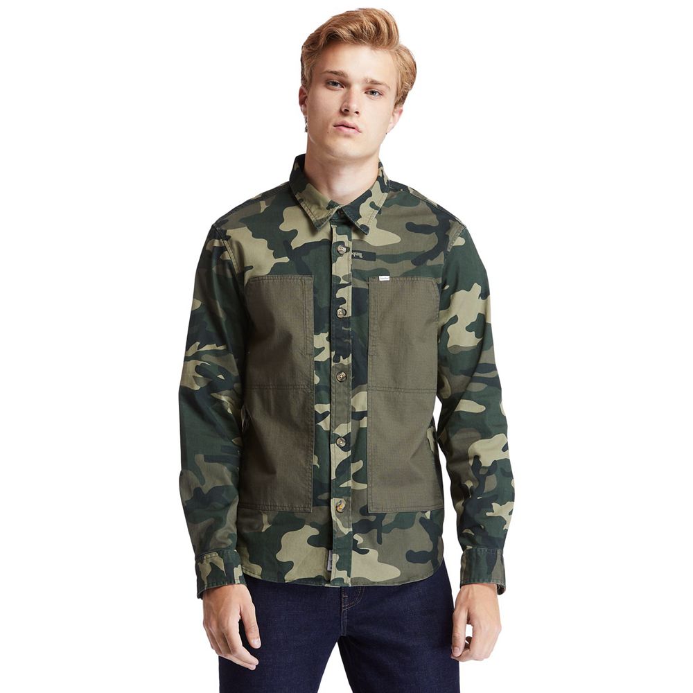 Camisa Timberland Argentina Hombre - Mixed-Media Camo Utility Over - Verde Oliva - PKALTW-815